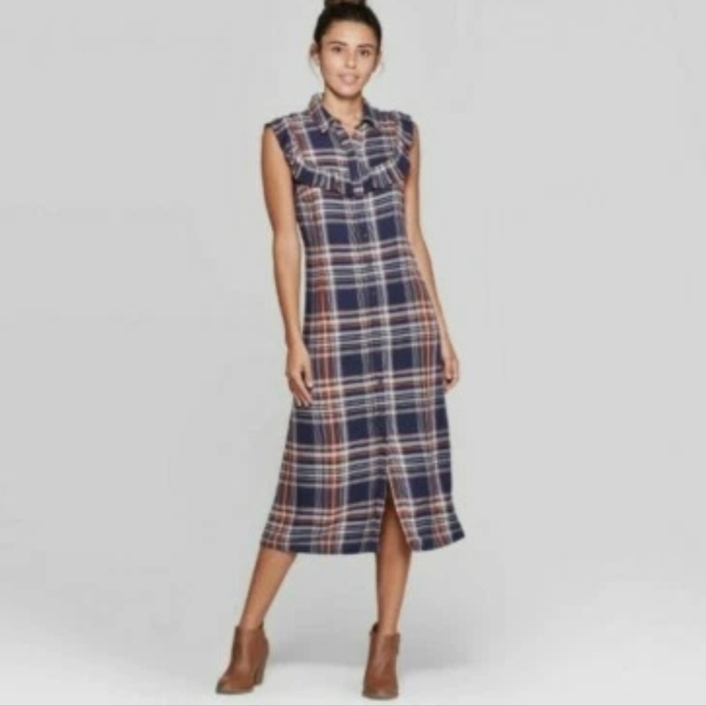 Universal Thread 100% Rayon Plaid Midi Dress Sleeveless Ruffle Button Front Boho